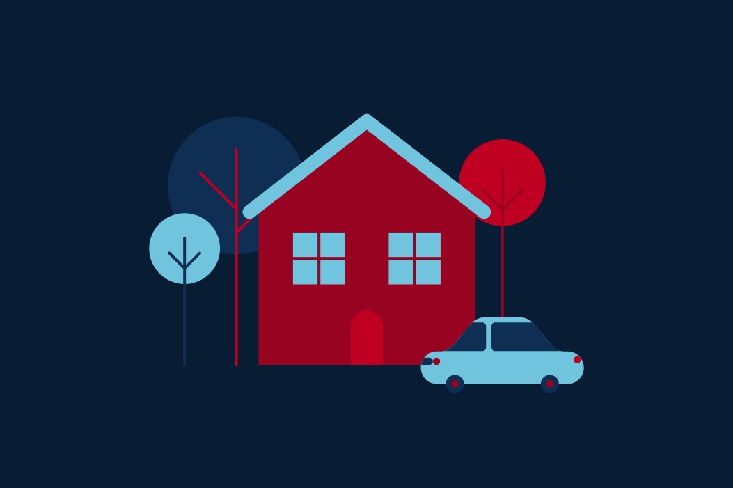 An illustrated scene of a house, trees and a car